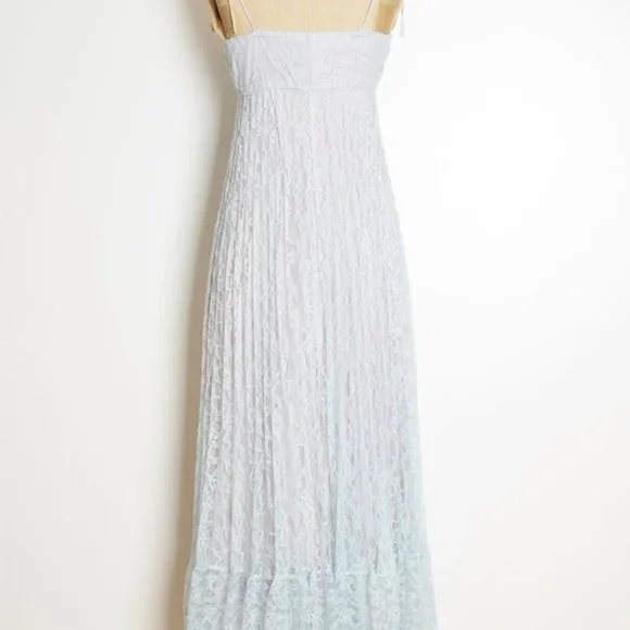 vintage 70s sun dress blue lace empire waist long maxi prom party hippie boho XS - Picture 8 of 9